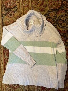 Rachel Zoe Beige, White & Light Green Striped Fold-Over Collar Sweater